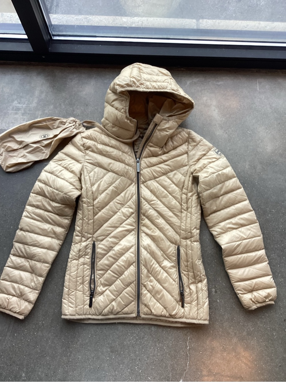 Michael Kors Quilted Hooded Puffer Jacket in Beige